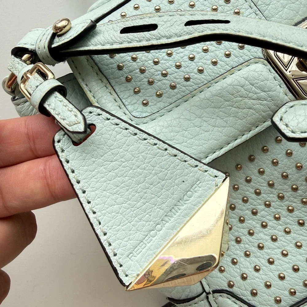 Rebecca Minkoff Studded Leather Crossbody Satchel Bag Mint Blue - Picture 8 of 13
